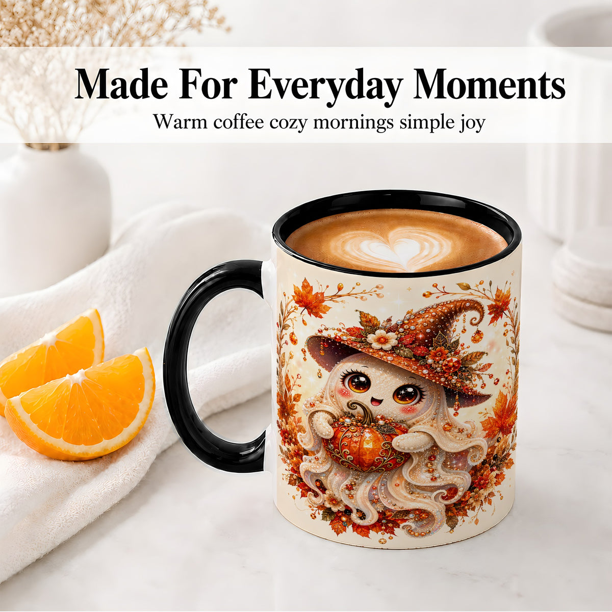 #pl[11oz|Black] Witch Ghost Accent Mug, Ceramic Mug with Autumn Pumpkin Artwork
