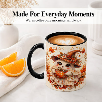#pl[11oz|Black] Witch Ghost Accent Mug, Ceramic Mug with Autumn Pumpkin Artwork