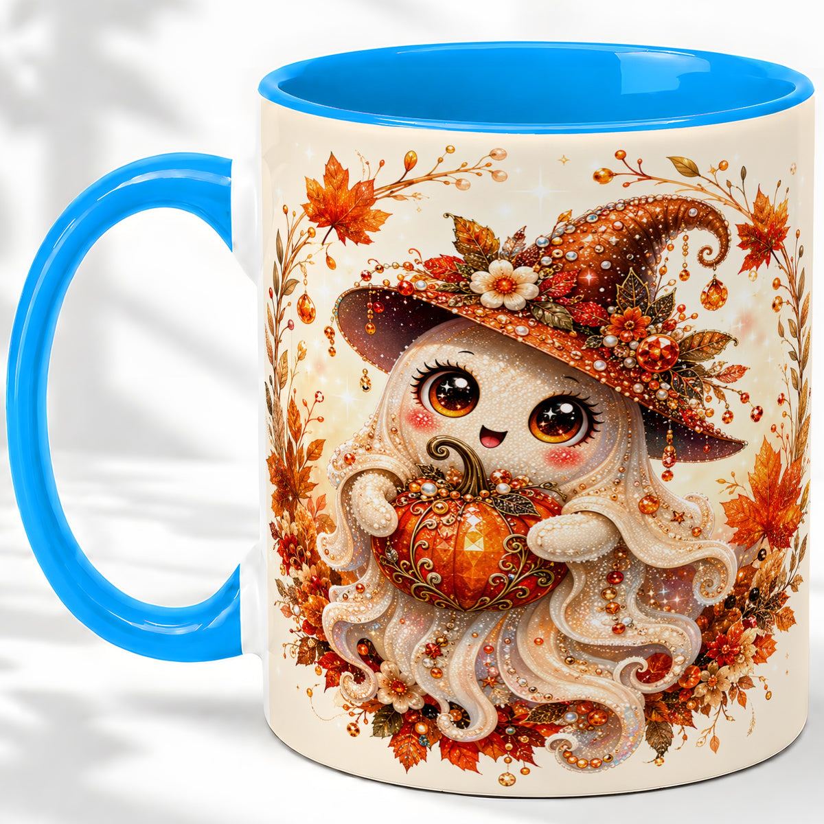 #pl[11oz|Blue] Witch Ghost Accent Mug, Ceramic Mug with Autumn Pumpkin Artwork