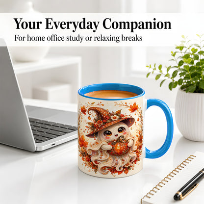 #pl[11oz|Blue] Witch Ghost Accent Mug, Ceramic Mug with Autumn Pumpkin Artwork