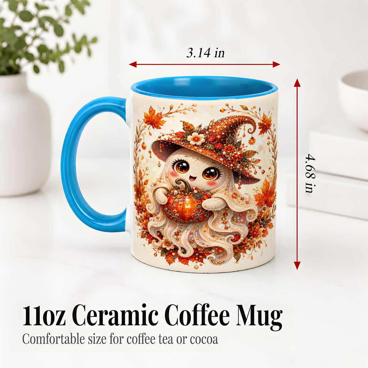 #pl[11oz|Blue] Witch Ghost Accent Mug, Ceramic Mug with Autumn Pumpkin Artwork