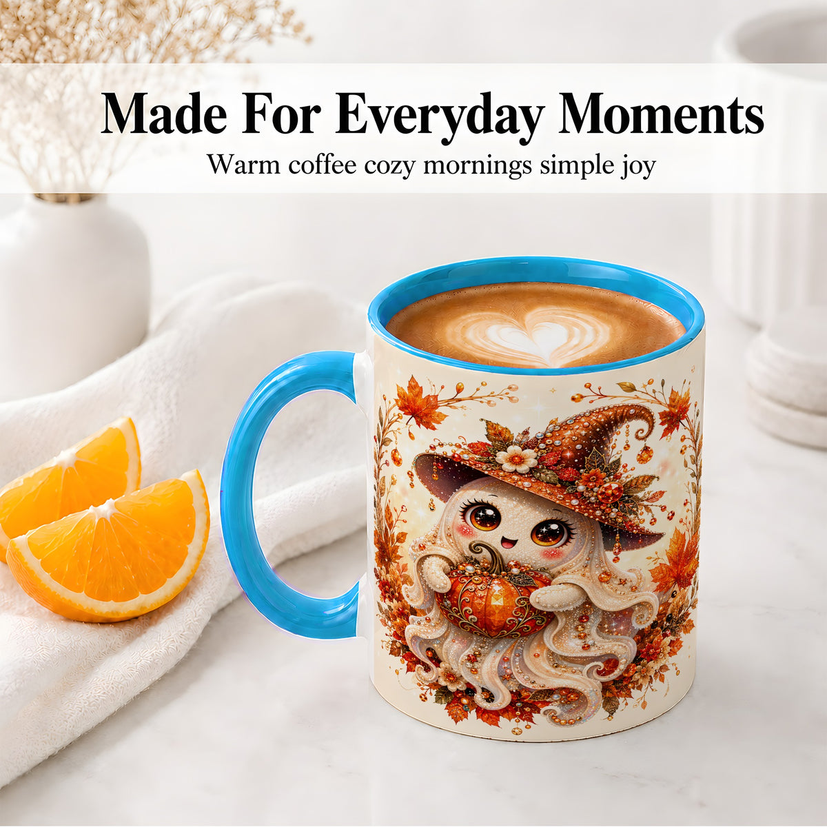 #pl[11oz|Blue] Witch Ghost Accent Mug, Ceramic Mug with Autumn Pumpkin Artwork