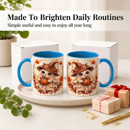#pl[11oz|Blue] Witch Ghost Accent Mug, Ceramic Mug with Autumn Pumpkin Artwork