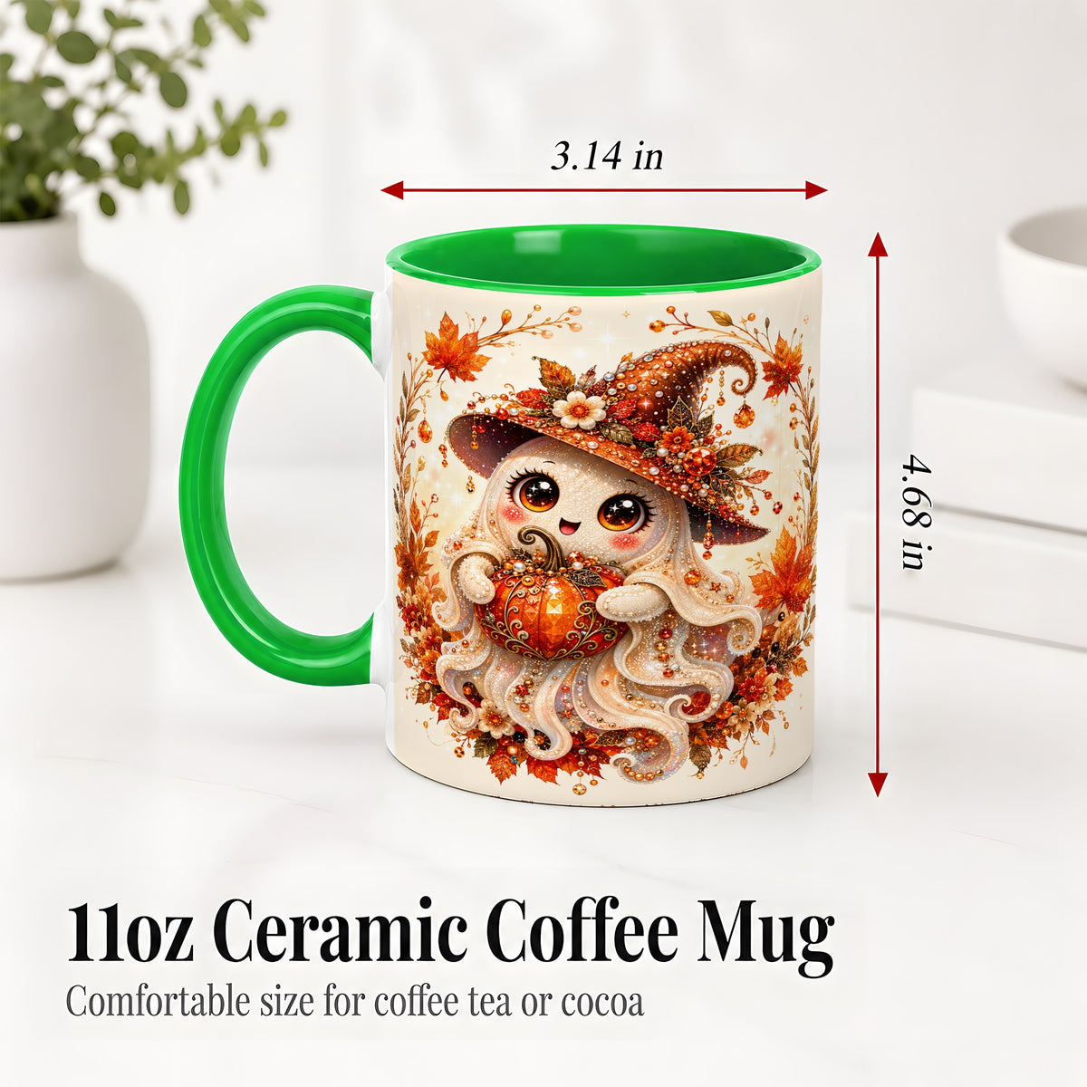 #pl[11oz|Green] Witch Ghost Accent Mug, Ceramic Mug with Autumn Pumpkin Artwork