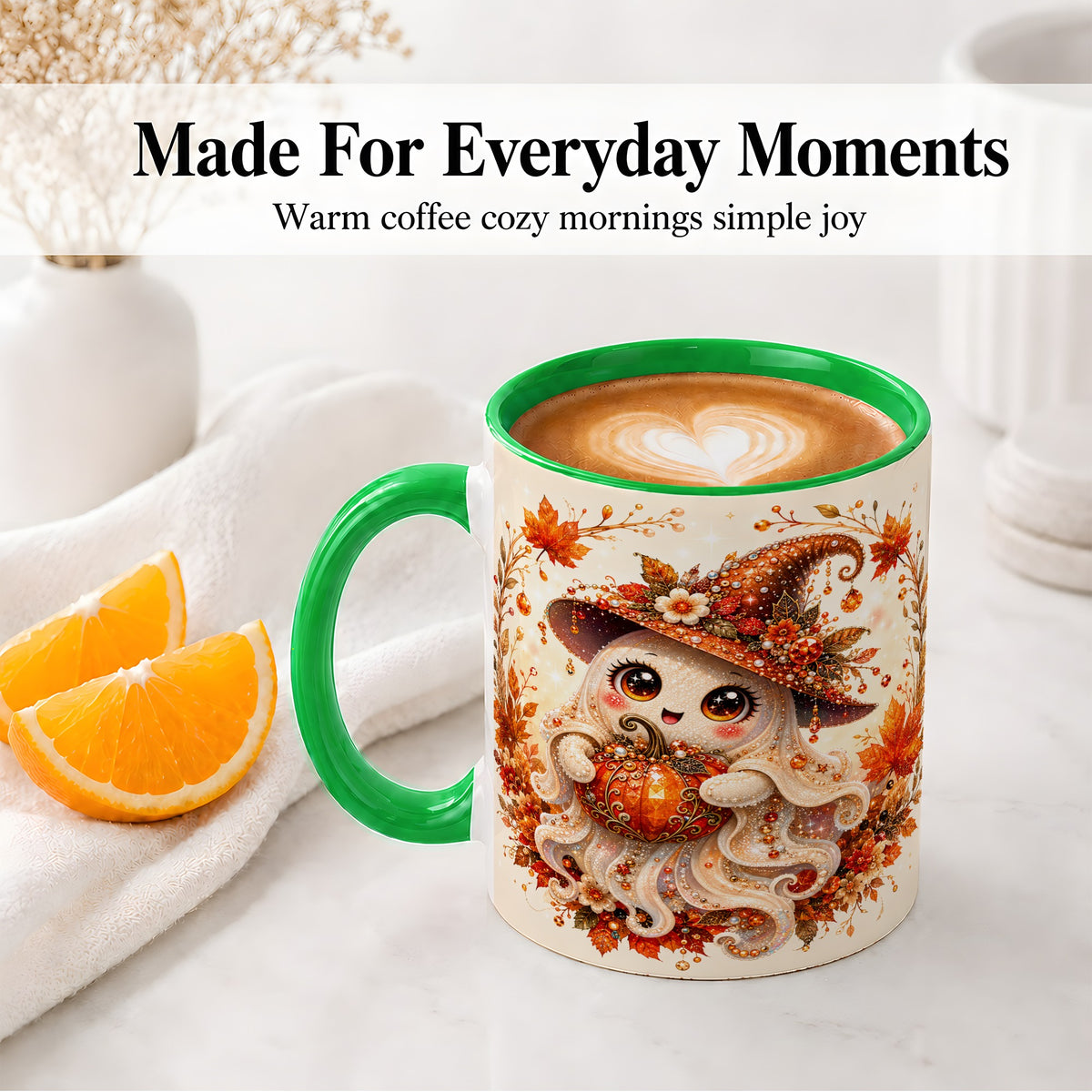 #pl[11oz|Green] Witch Ghost Accent Mug, Ceramic Mug with Autumn Pumpkin Artwork