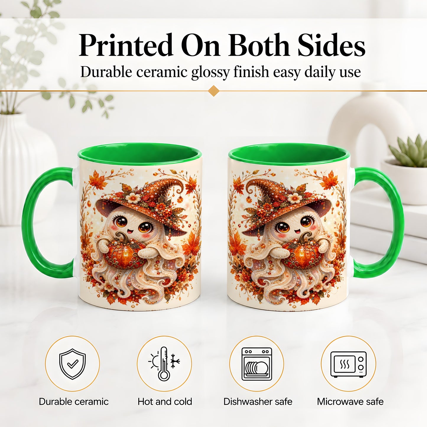 #pl[11oz|Green] Witch Ghost Accent Mug, Ceramic Mug with Autumn Pumpkin Artwork