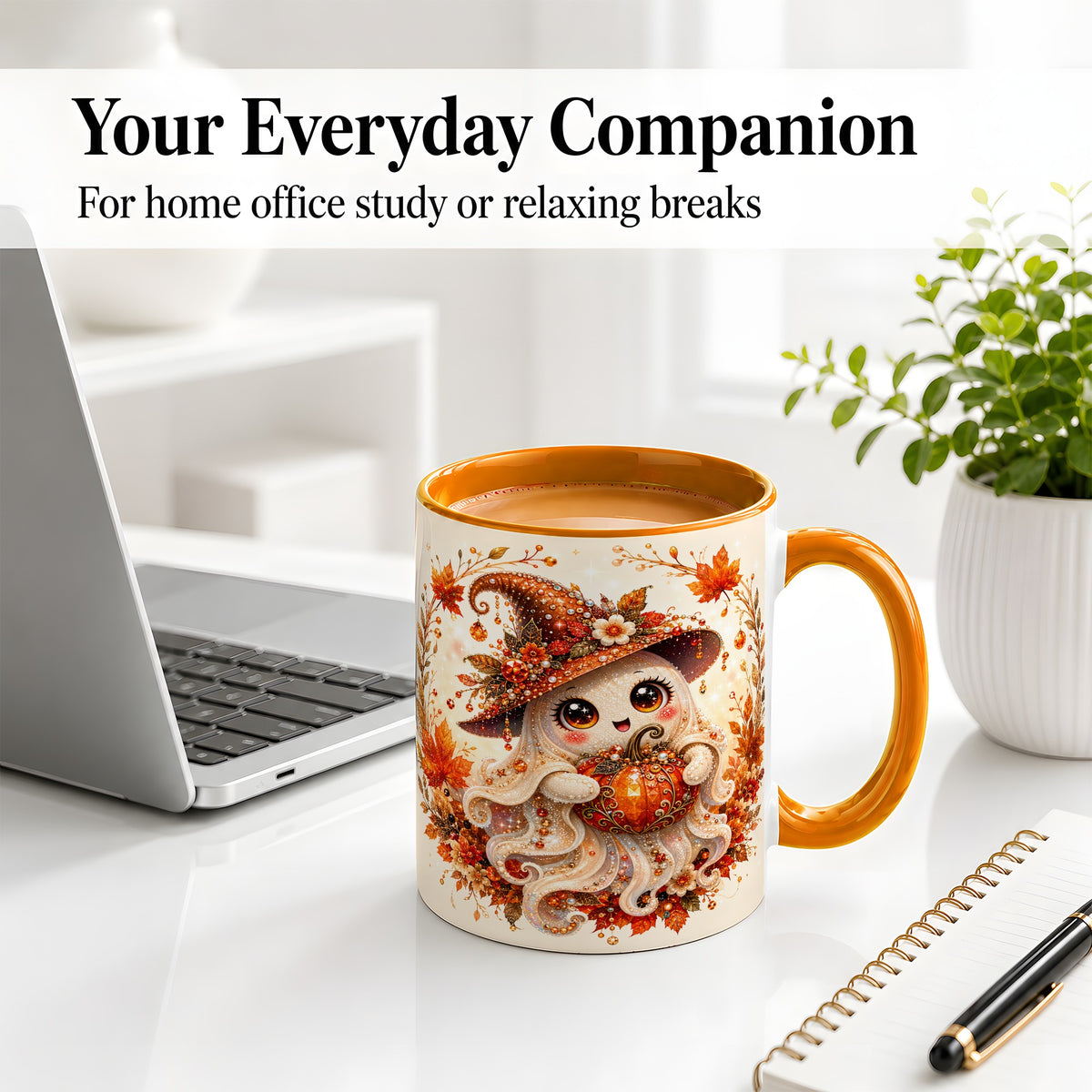 #pl[11oz|Orange] Witch Ghost Accent Mug, Ceramic Mug with Autumn Pumpkin Artwork