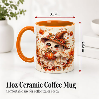 #pl[11oz|Orange] Witch Ghost Accent Mug, Ceramic Mug with Autumn Pumpkin Artwork