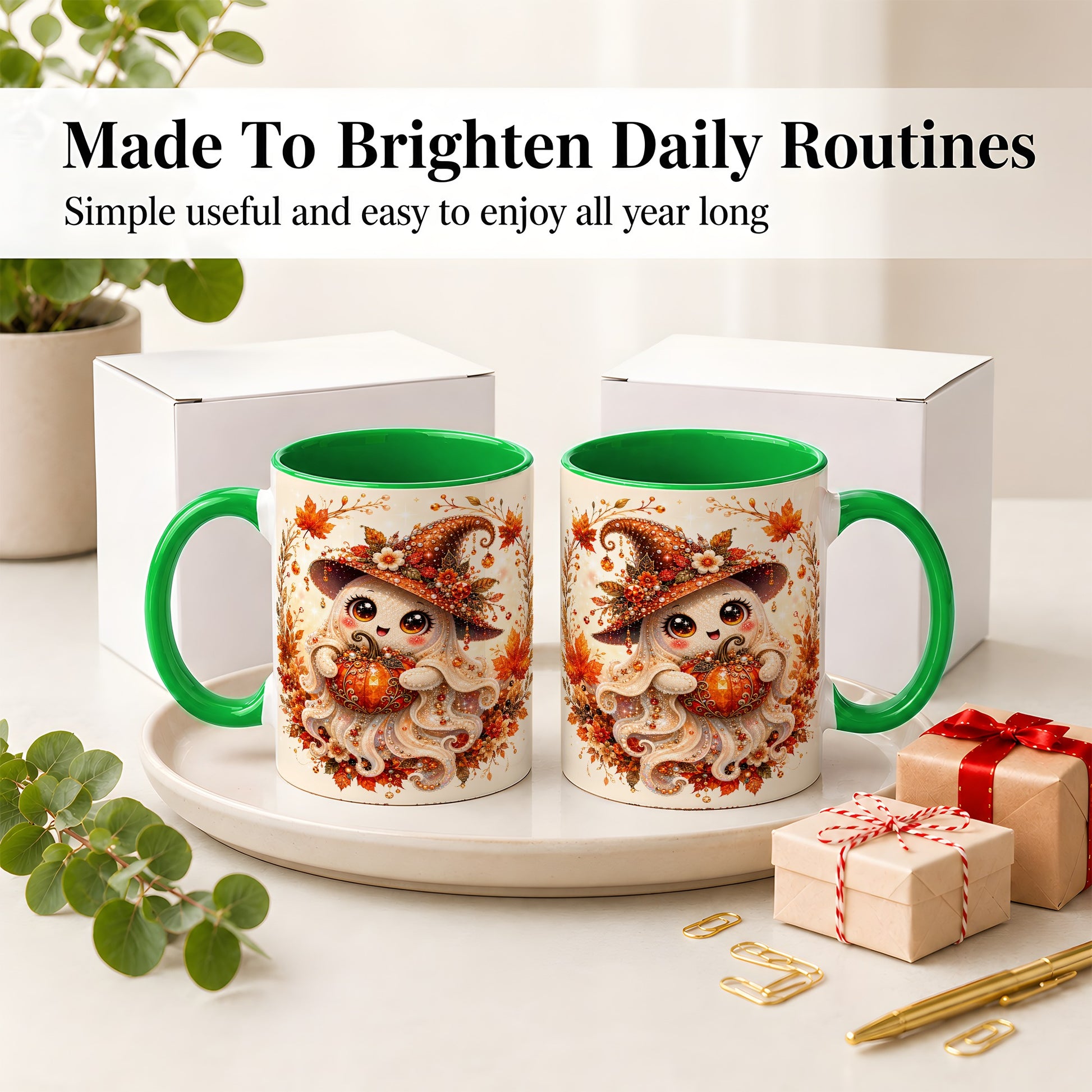 #pl[11oz|Green] Witch Ghost Accent Mug, Ceramic Mug with Autumn Pumpkin Artwork
