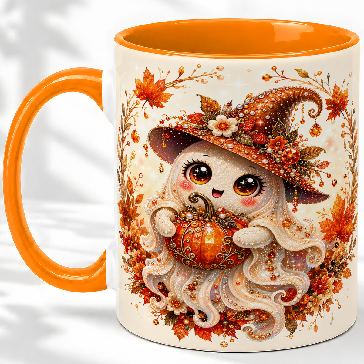 #pl[11oz|Orange] Witch Ghost Accent Mug, Ceramic Mug with Autumn Pumpkin Artwork