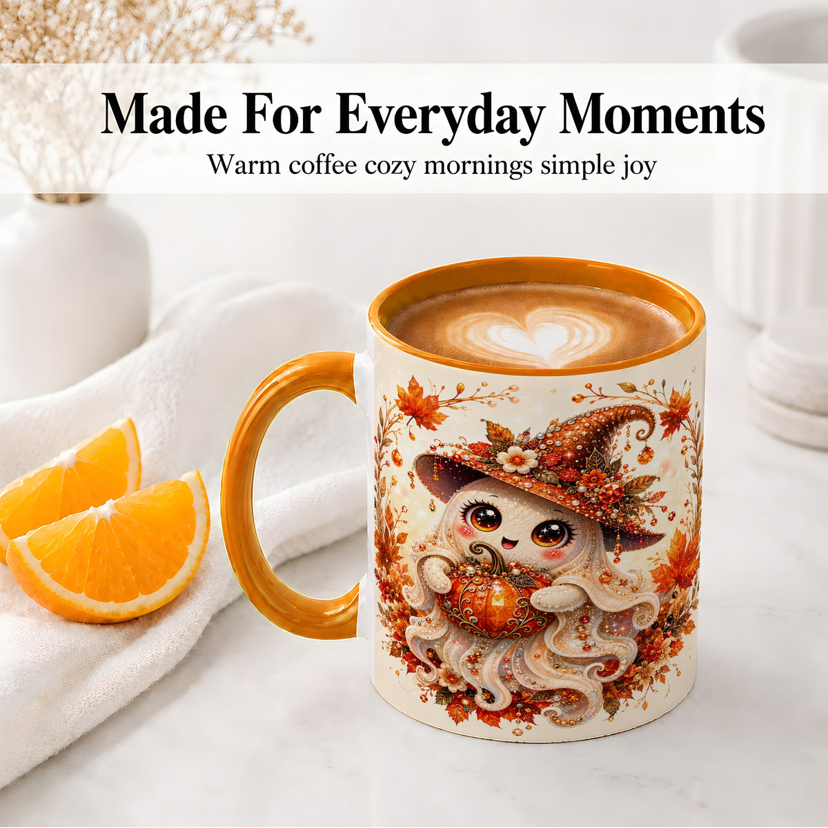#pl[11oz|Orange] Witch Ghost Accent Mug, Ceramic Mug with Autumn Pumpkin Artwork