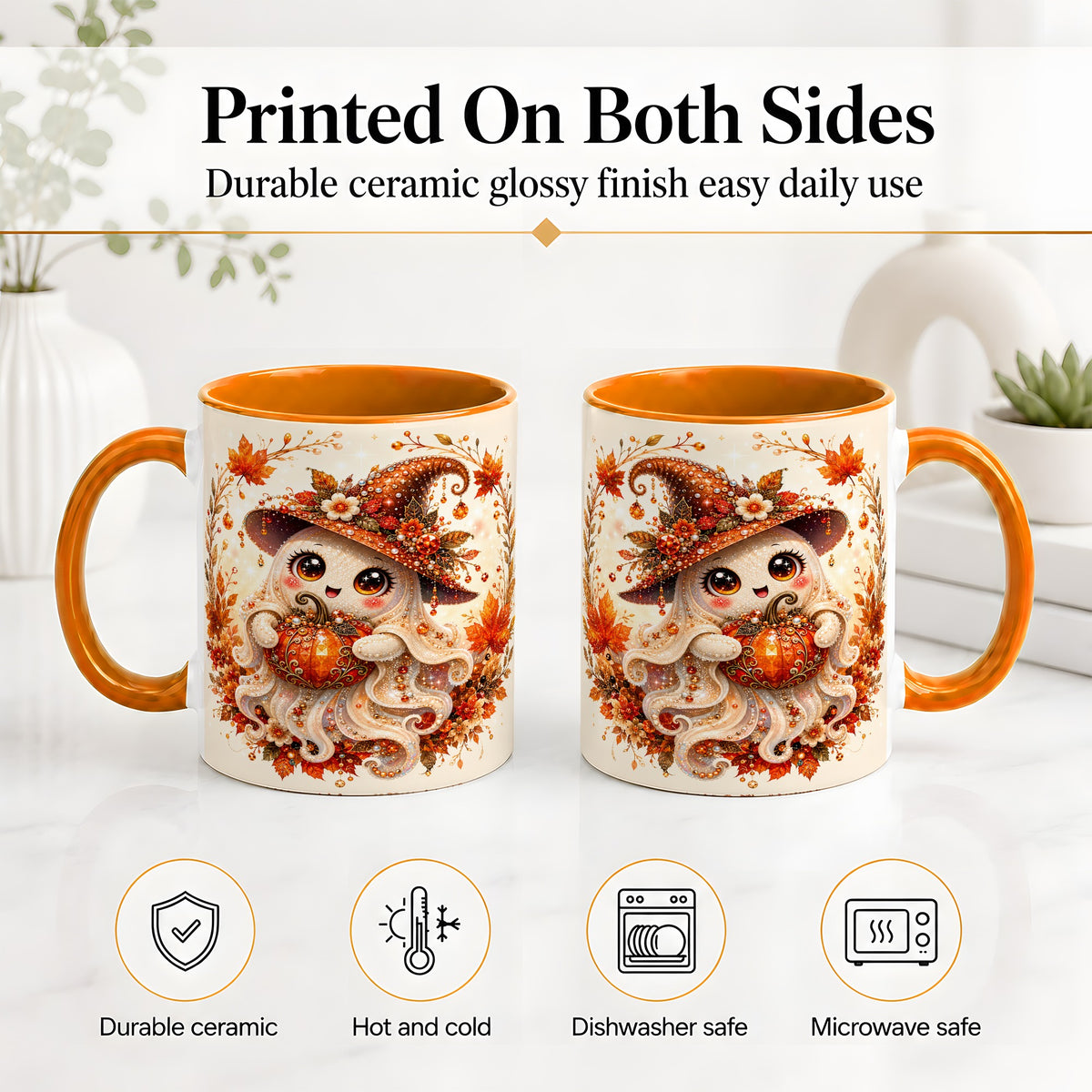 #pl[11oz|Orange] Witch Ghost Accent Mug, Ceramic Mug with Autumn Pumpkin Artwork