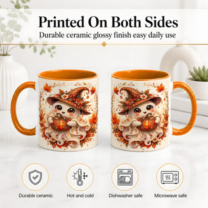 #pl[11oz|Orange] Witch Ghost Accent Mug, Ceramic Mug with Autumn Pumpkin Artwork