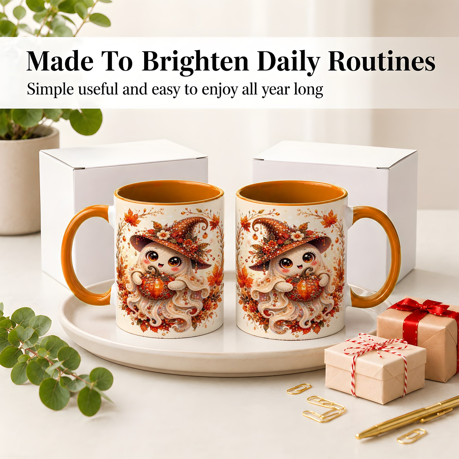 #pl[11oz|Orange] Witch Ghost Accent Mug, Ceramic Mug with Autumn Pumpkin Artwork