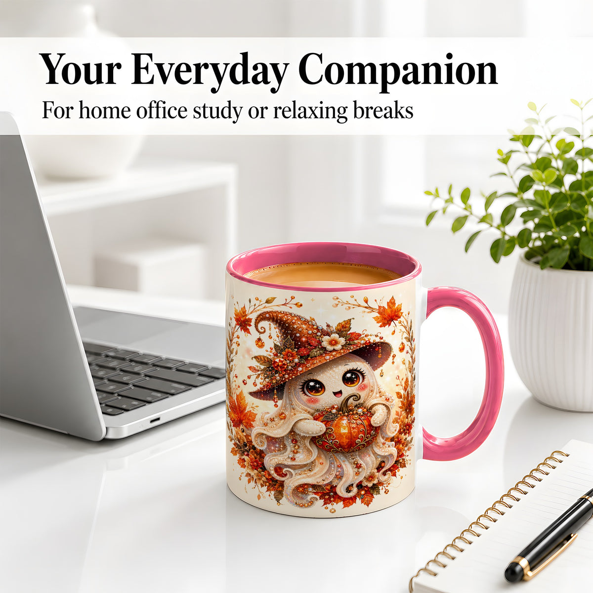#pl[11oz|Pink] Witch Ghost Accent Mug, Ceramic Mug with Autumn Pumpkin Artwork