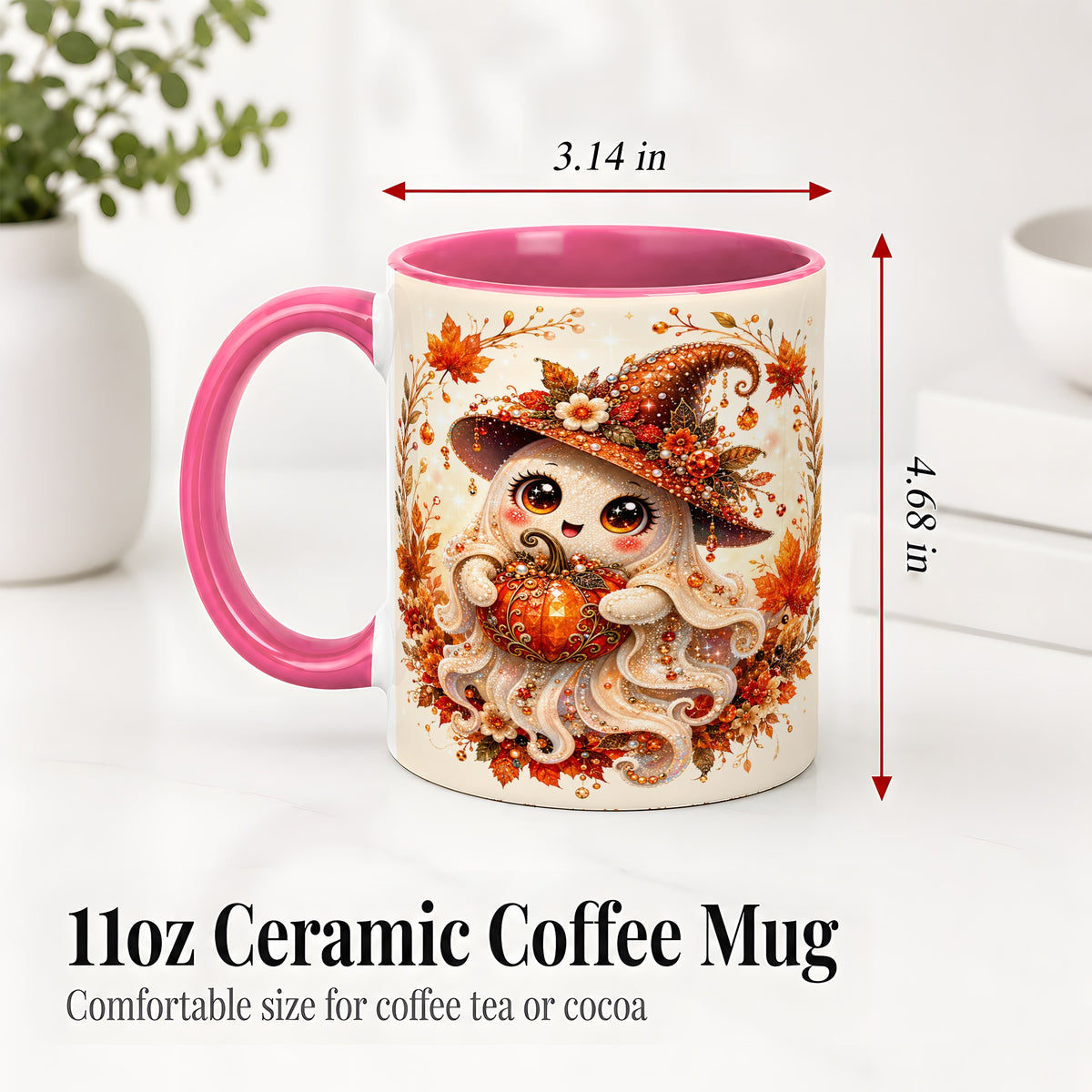 #pl[11oz|Pink] Witch Ghost Accent Mug, Ceramic Mug with Autumn Pumpkin Artwork