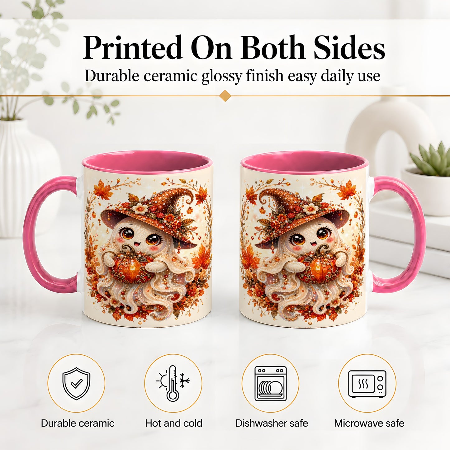 #pl[11oz|Pink] Witch Ghost Accent Mug, Ceramic Mug with Autumn Pumpkin Artwork