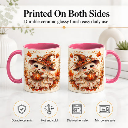 #pl[11oz|Pink] Witch Ghost Accent Mug, Ceramic Mug with Autumn Pumpkin Artwork