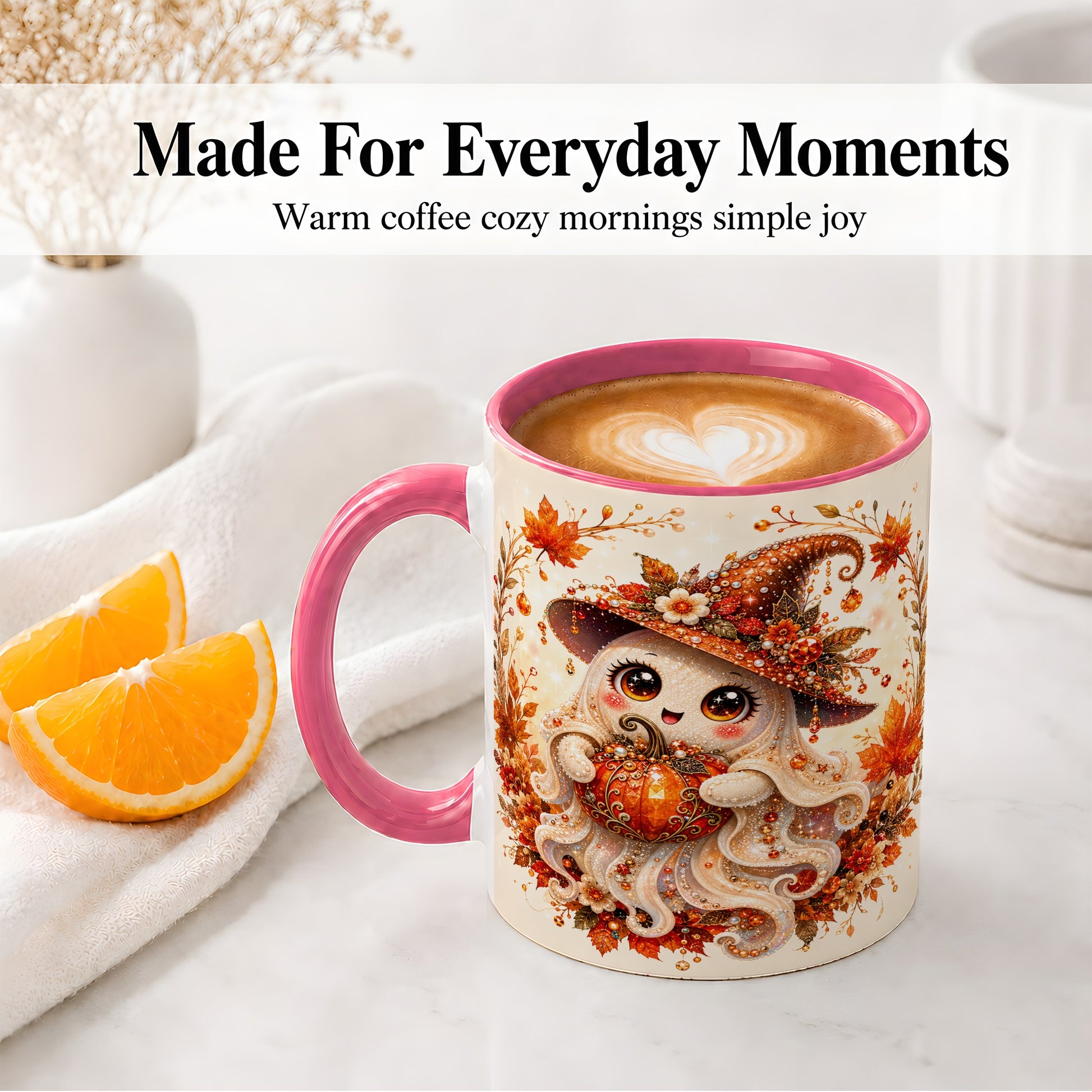 #pl[11oz|Pink] Witch Ghost Accent Mug, Ceramic Mug with Autumn Pumpkin Artwork