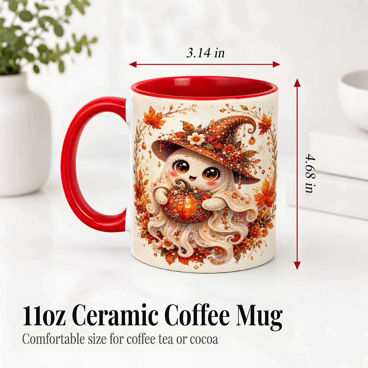 #pl[11oz|Red] Witch Ghost Accent Mug, Ceramic Mug with Autumn Pumpkin Artwork