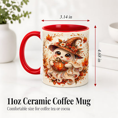 #pl[11oz|Red] Witch Ghost Accent Mug, Ceramic Mug with Autumn Pumpkin Artwork