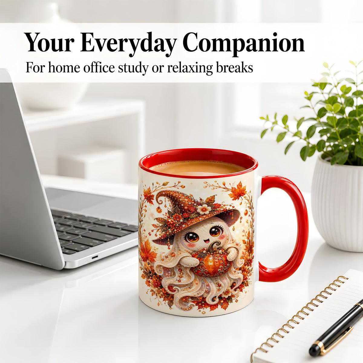 #pl[11oz|Red] Witch Ghost Accent Mug, Ceramic Mug with Autumn Pumpkin Artwork