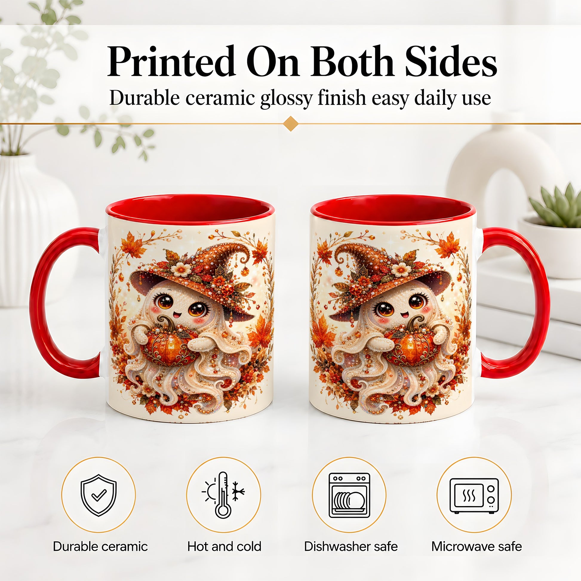 #pl[11oz|Red] Witch Ghost Accent Mug, Ceramic Mug with Autumn Pumpkin Artwork