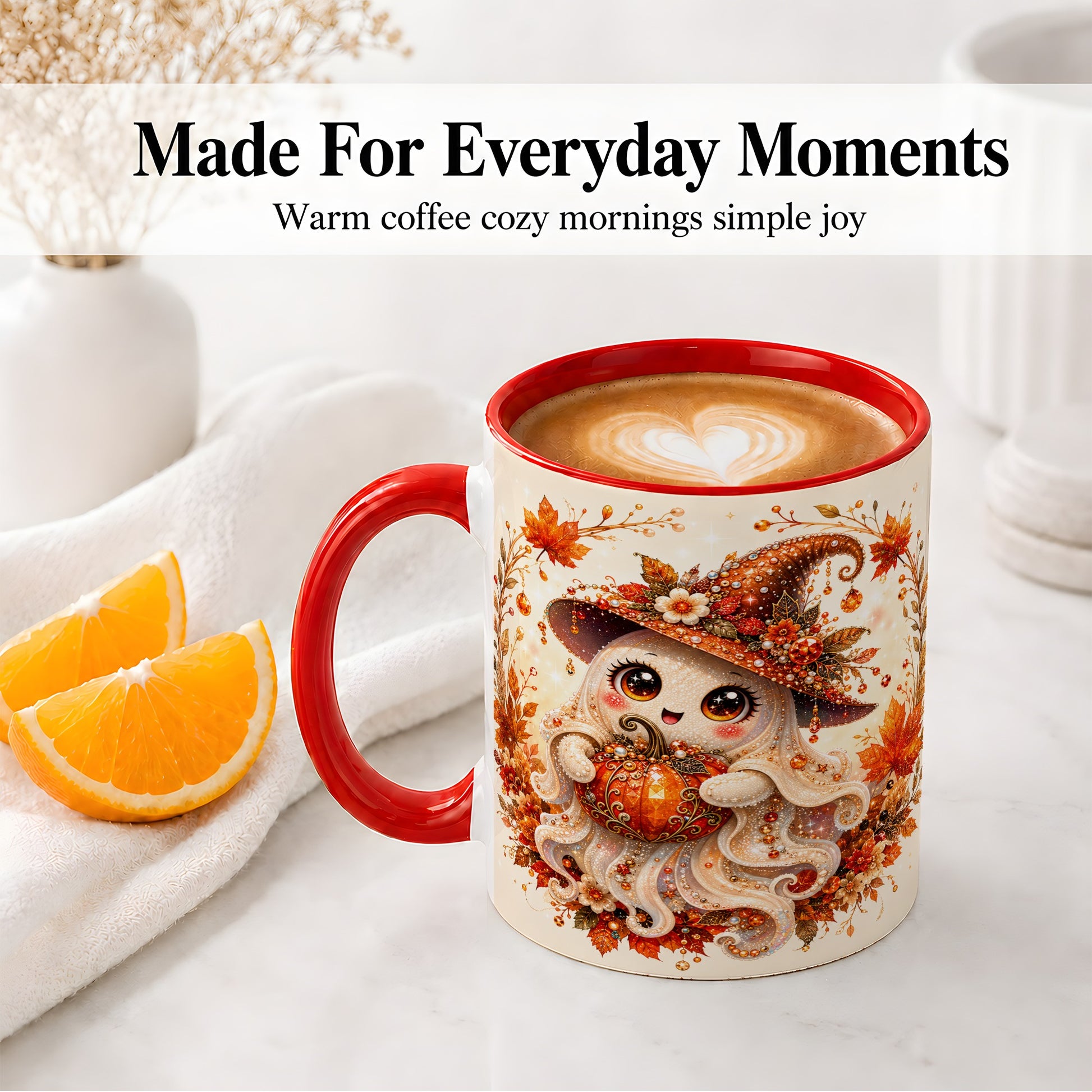 #pl[11oz|Red] Witch Ghost Accent Mug, Ceramic Mug with Autumn Pumpkin Artwork