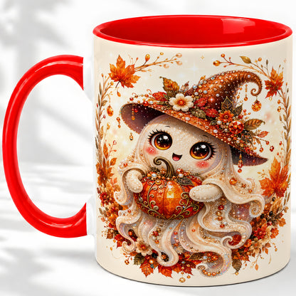 Witch Ghost Accent Mug, Ceramic Mug with Autumn Pumpkin Artwork