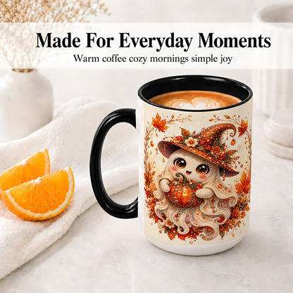 #pl[15oz|Black] Witch Ghost Accent Mug, Ceramic Mug with Autumn Pumpkin Artwork