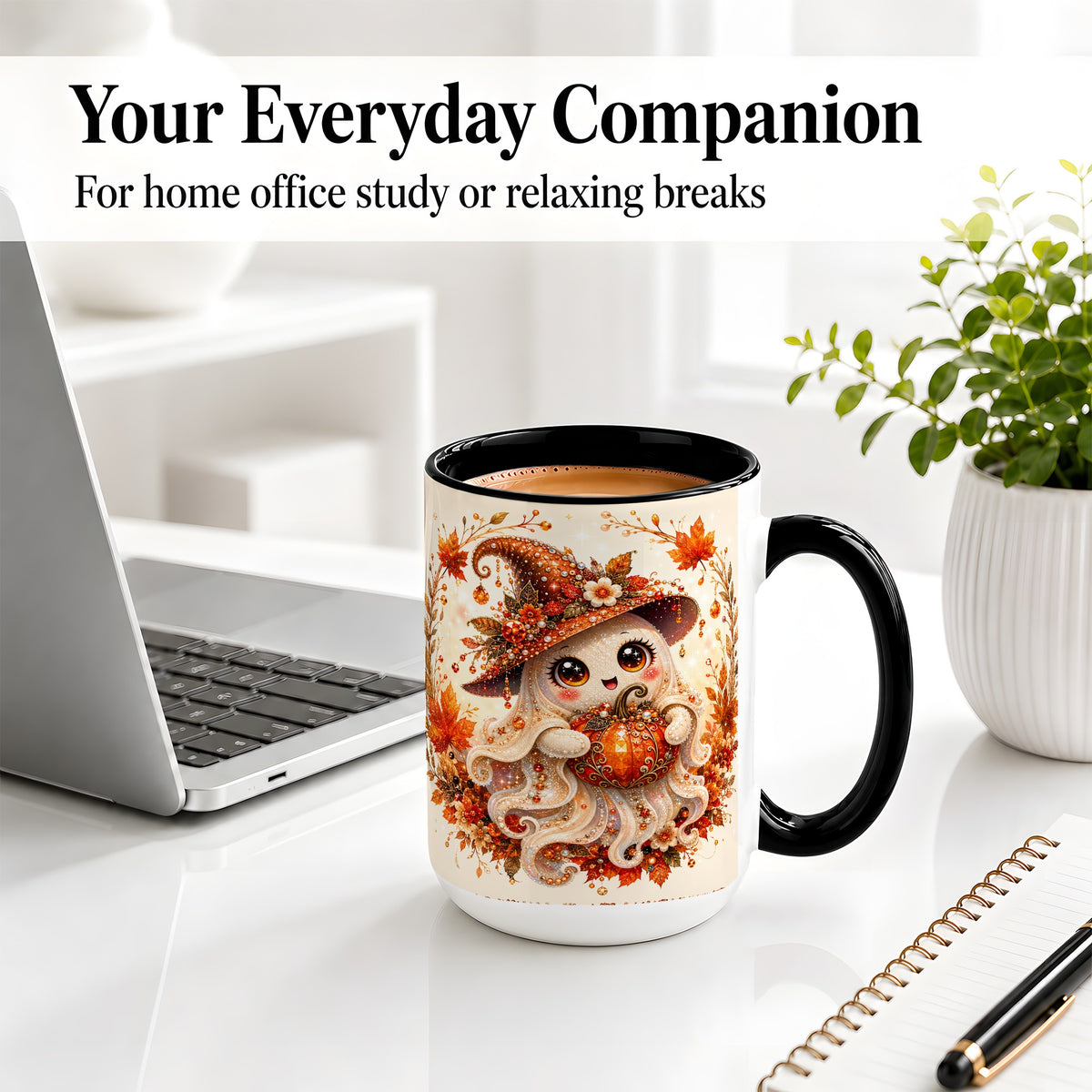 #pl[15oz|Black] Witch Ghost Accent Mug, Ceramic Mug with Autumn Pumpkin Artwork