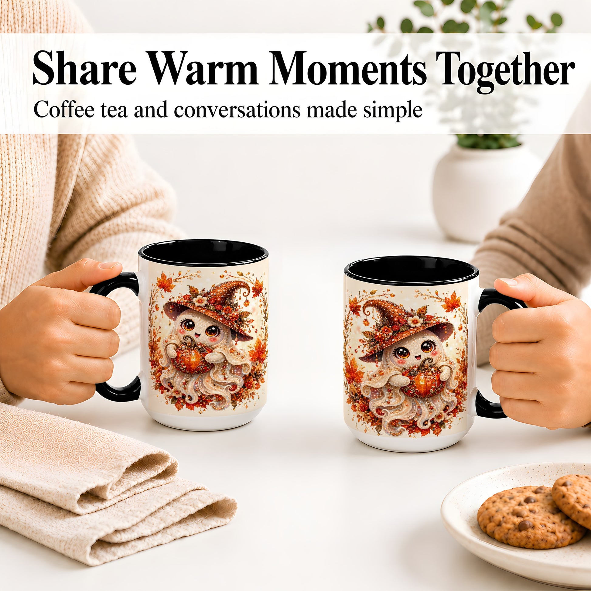 #pl[15oz|Black] Witch Ghost Accent Mug, Ceramic Mug with Autumn Pumpkin Artwork