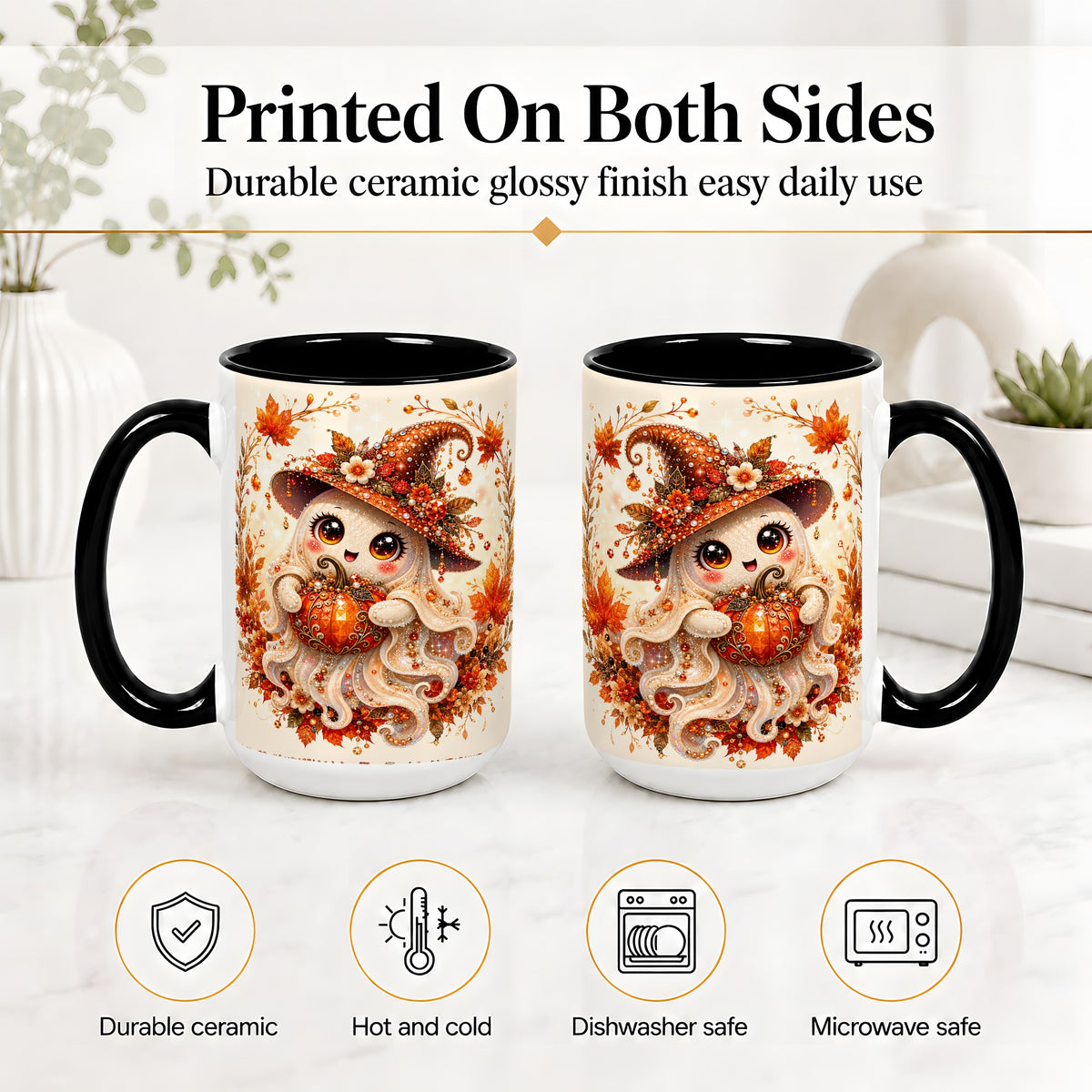 #pl[15oz|Black] Witch Ghost Accent Mug, Ceramic Mug with Autumn Pumpkin Artwork