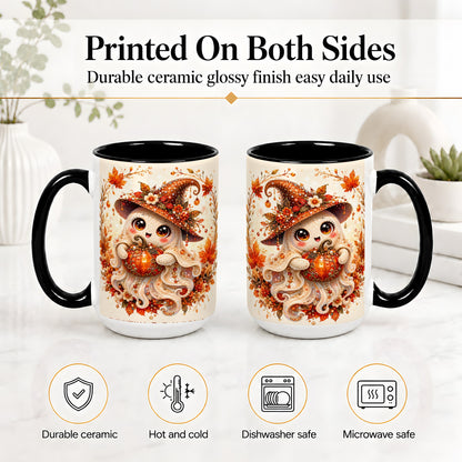 #pl[15oz|Black] Witch Ghost Accent Mug, Ceramic Mug with Autumn Pumpkin Artwork
