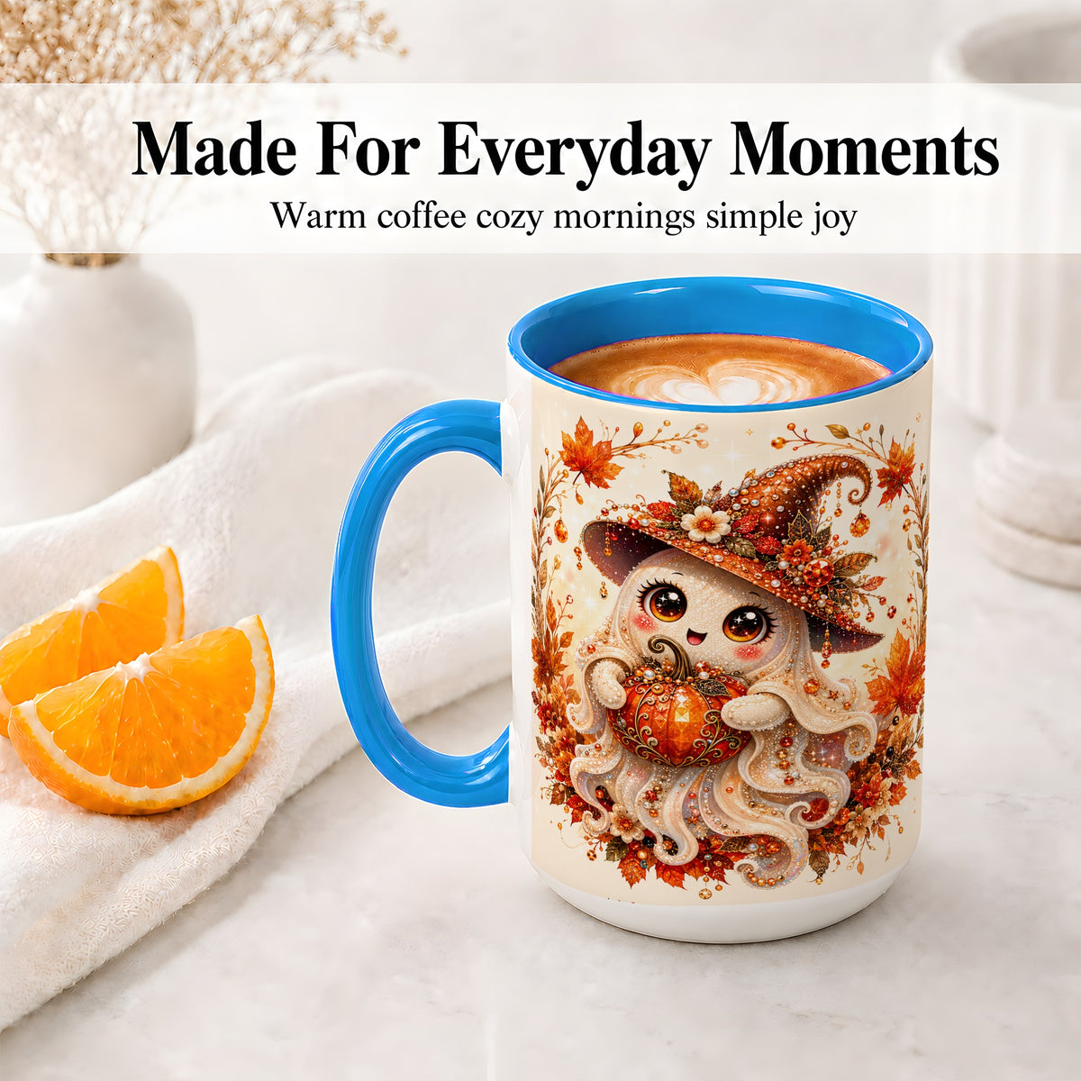 #pl[15oz|Blue] Witch Ghost Accent Mug, Ceramic Mug with Autumn Pumpkin Artwork