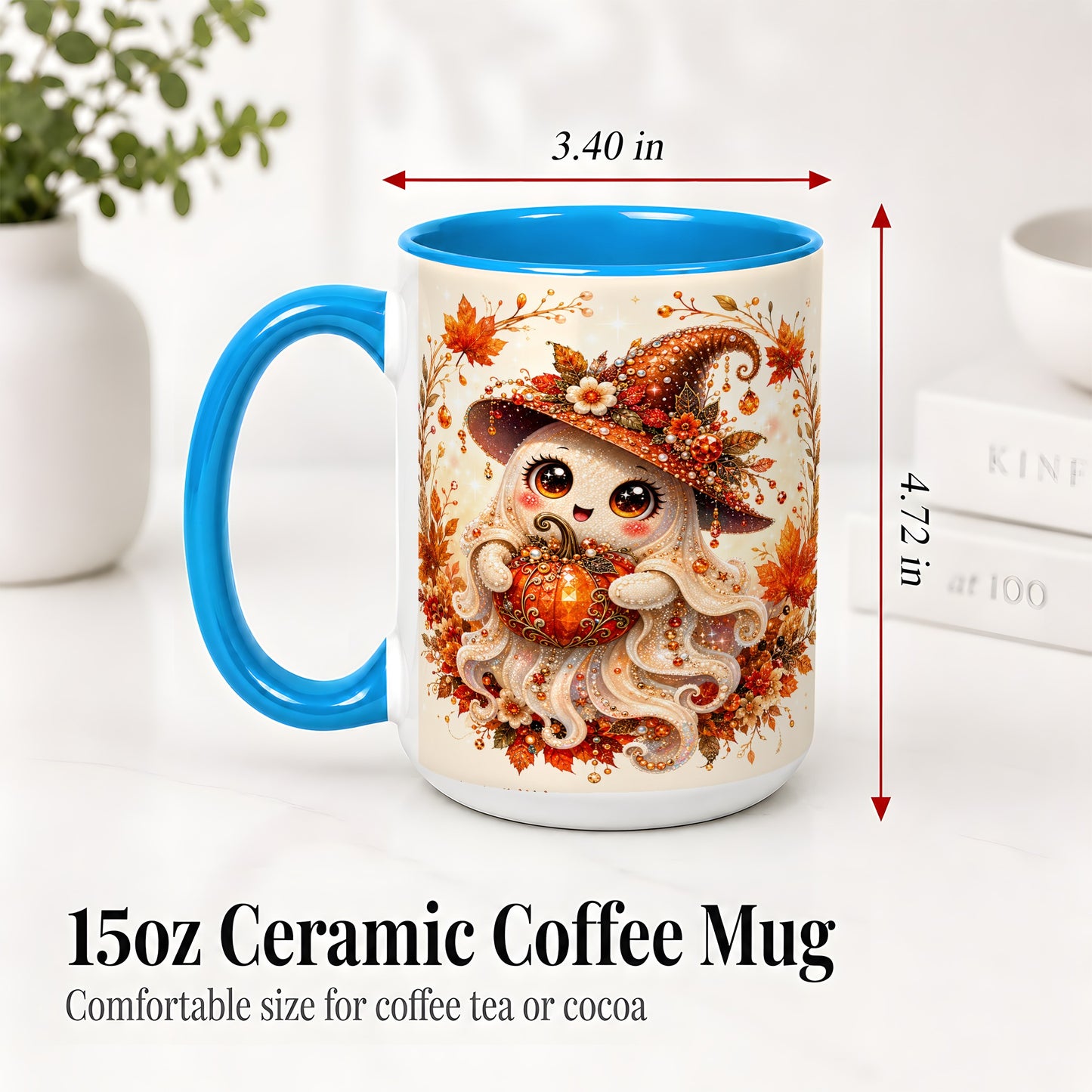 #pl[15oz|Blue] Witch Ghost Accent Mug, Ceramic Mug with Autumn Pumpkin Artwork