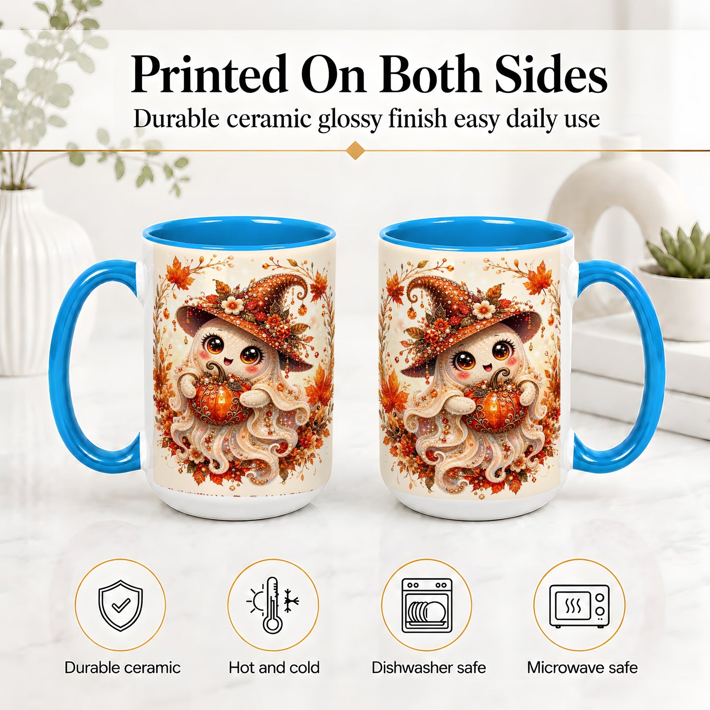 #pl[15oz|Blue] Witch Ghost Accent Mug, Ceramic Mug with Autumn Pumpkin Artwork