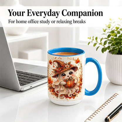 #pl[15oz|Blue] Witch Ghost Accent Mug, Ceramic Mug with Autumn Pumpkin Artwork