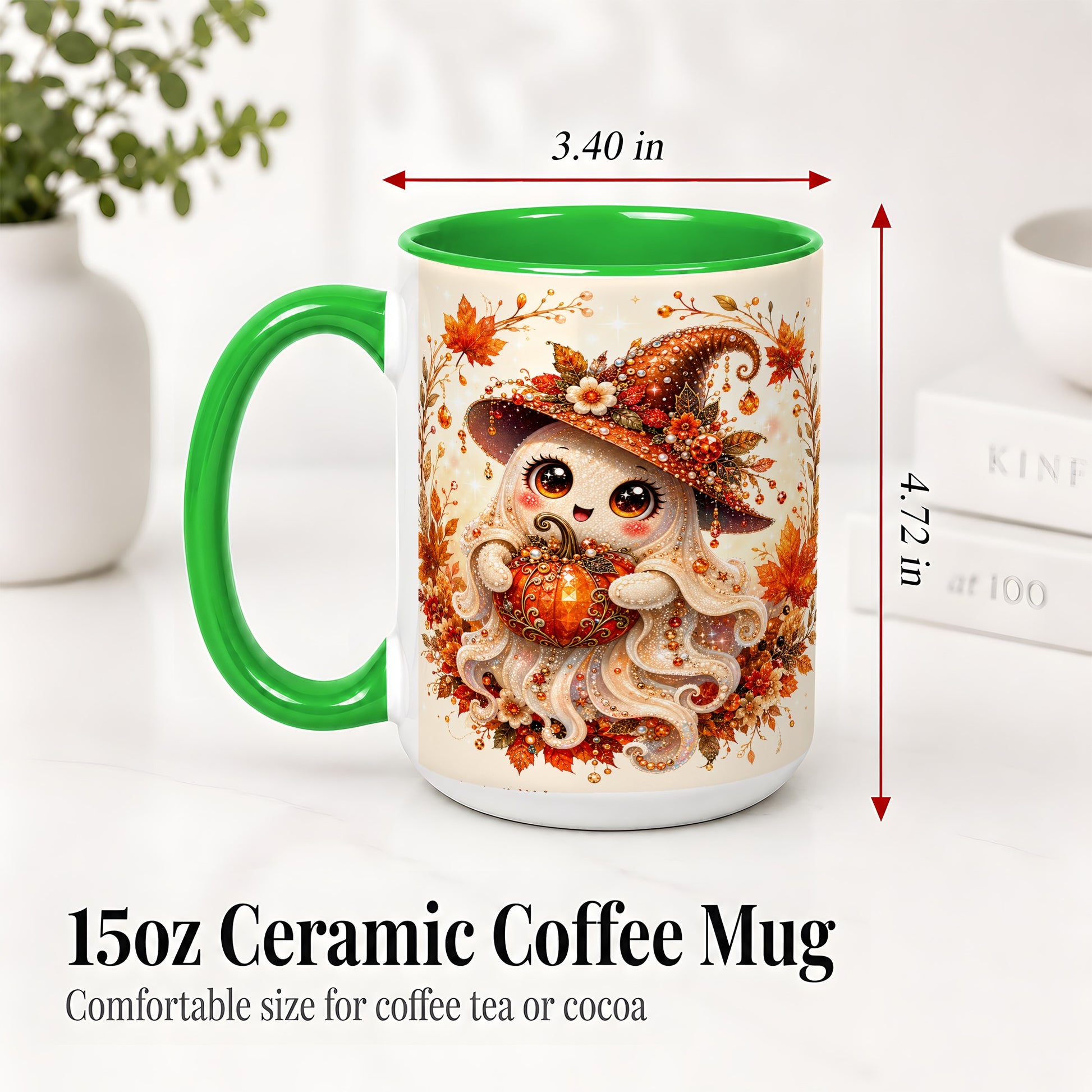 #pl[15oz|Green] Witch Ghost Accent Mug, Ceramic Mug with Autumn Pumpkin Artwork