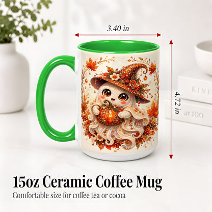 #pl[15oz|Green] Witch Ghost Accent Mug, Ceramic Mug with Autumn Pumpkin Artwork