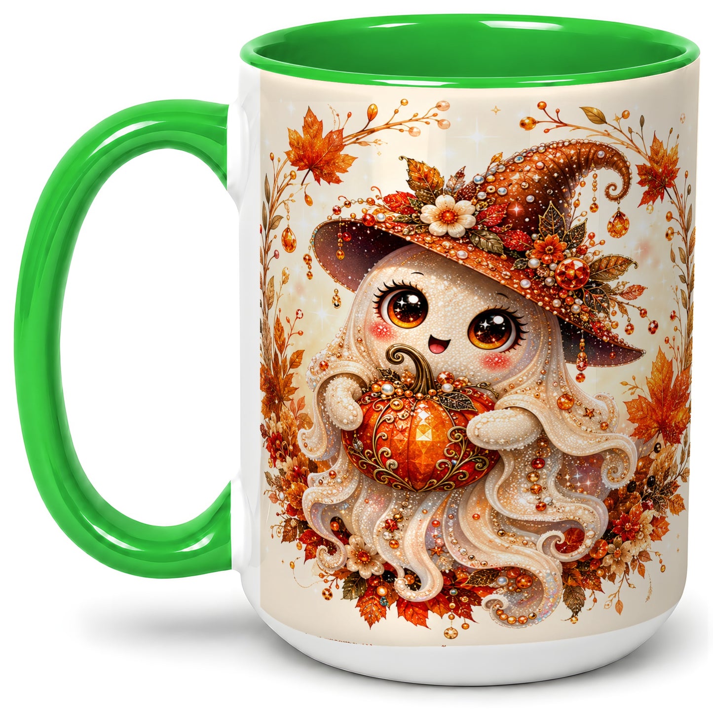 #pl[15oz|Green] Witch Ghost Accent Mug, Ceramic Mug with Autumn Pumpkin Artwork