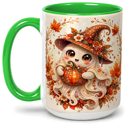 #pl[15oz|Green] Witch Ghost Accent Mug, Ceramic Mug with Autumn Pumpkin Artwork
