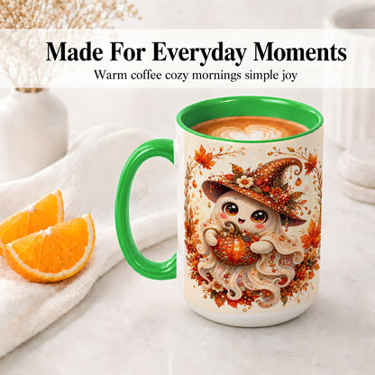 #pl[15oz|Green] Witch Ghost Accent Mug, Ceramic Mug with Autumn Pumpkin Artwork