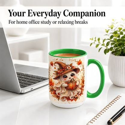 #pl[15oz|Green] Witch Ghost Accent Mug, Ceramic Mug with Autumn Pumpkin Artwork