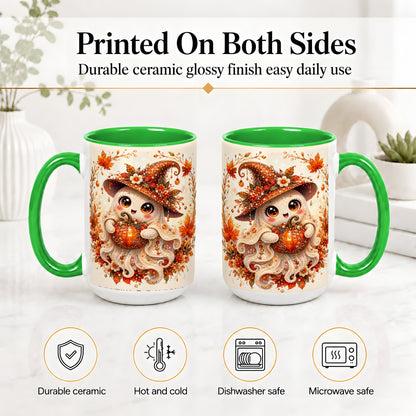 #pl[15oz|Green] Witch Ghost Accent Mug, Ceramic Mug with Autumn Pumpkin Artwork