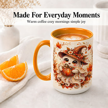 #pl[15oz|Orange] Witch Ghost Accent Mug, Ceramic Mug with Autumn Pumpkin Artwork