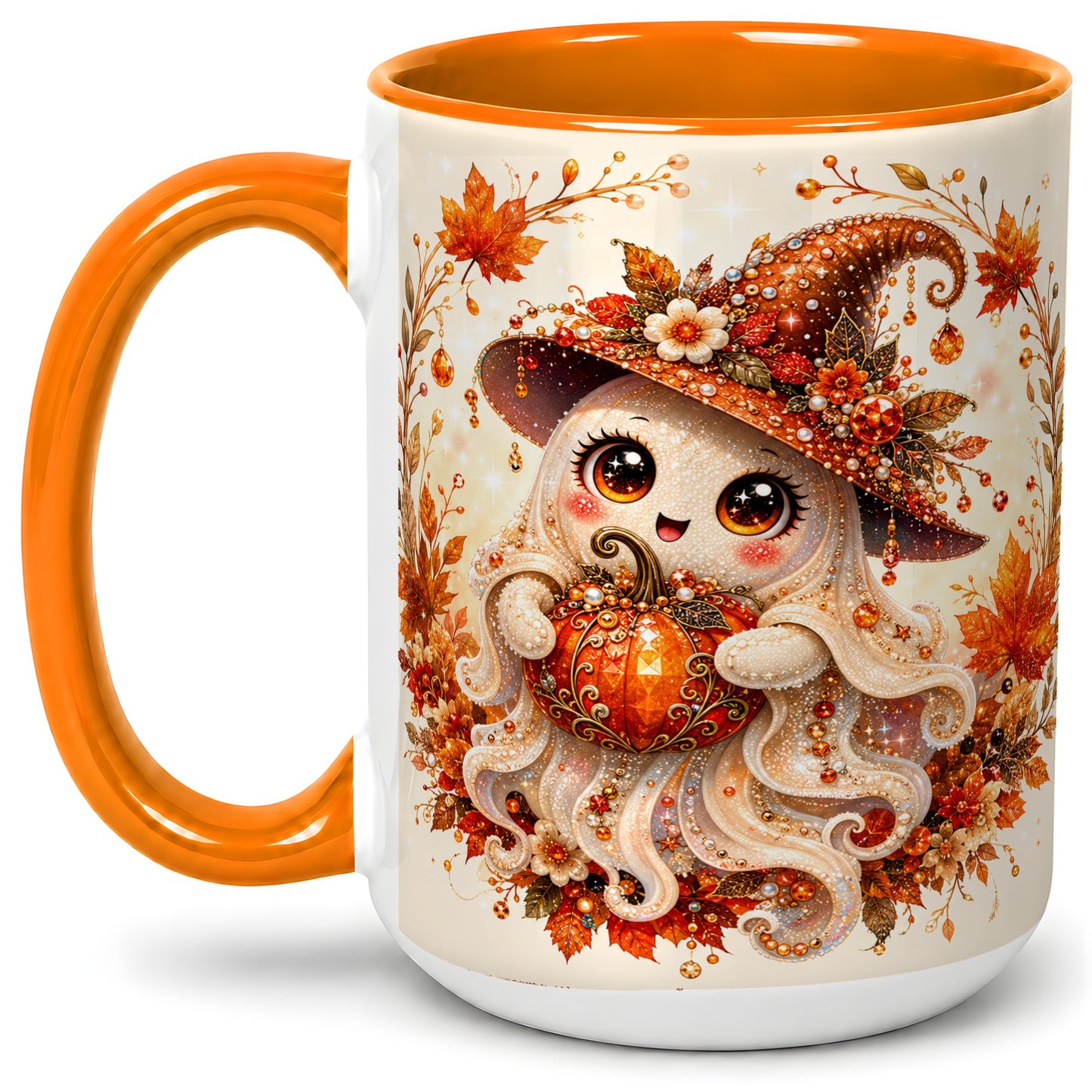 #pl[15oz|Orange] Witch Ghost Accent Mug, Ceramic Mug with Autumn Pumpkin Artwork