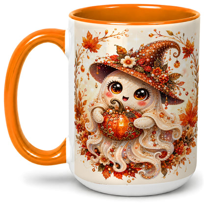 #pl[15oz|Orange] Witch Ghost Accent Mug, Ceramic Mug with Autumn Pumpkin Artwork