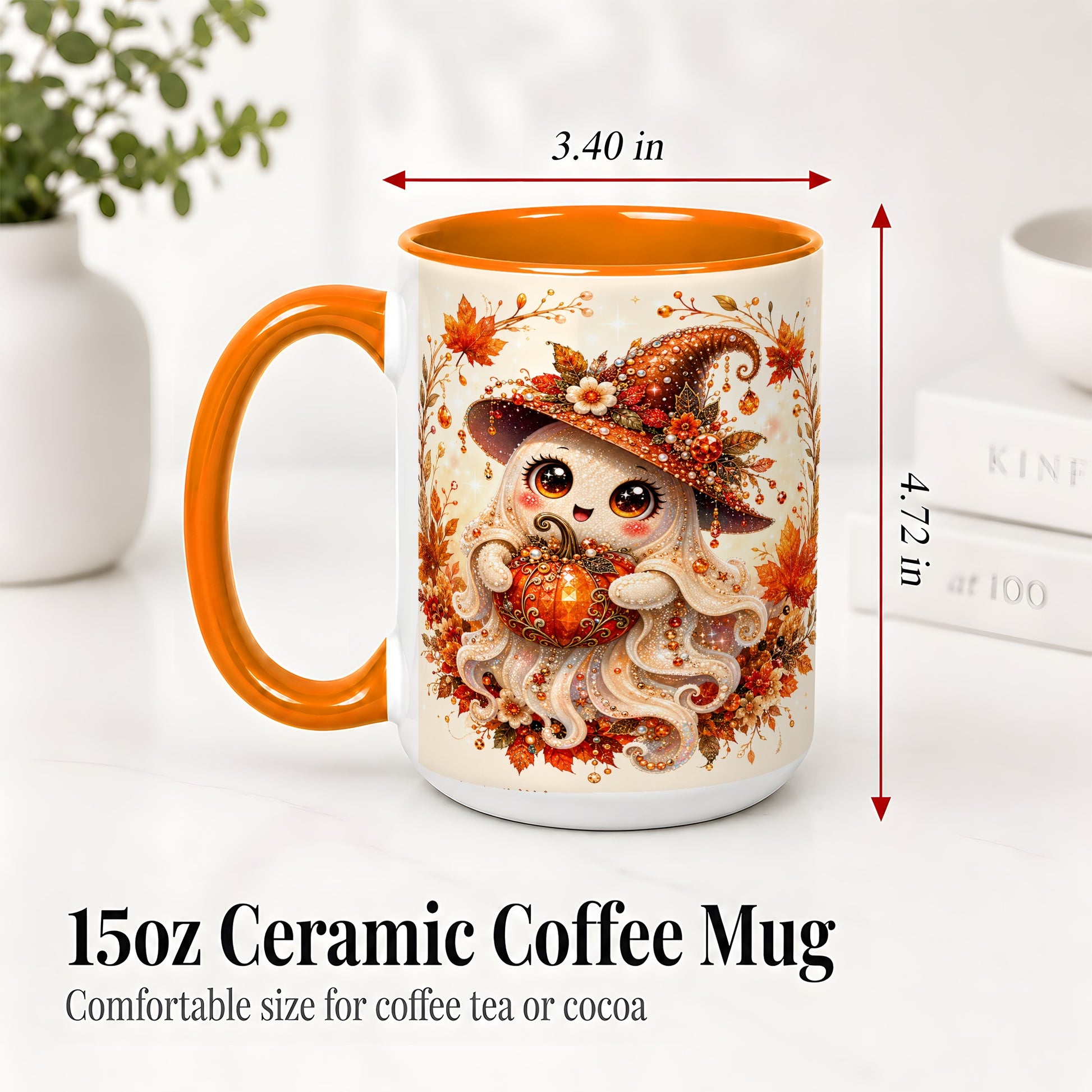 #pl[15oz|Orange] Witch Ghost Accent Mug, Ceramic Mug with Autumn Pumpkin Artwork
