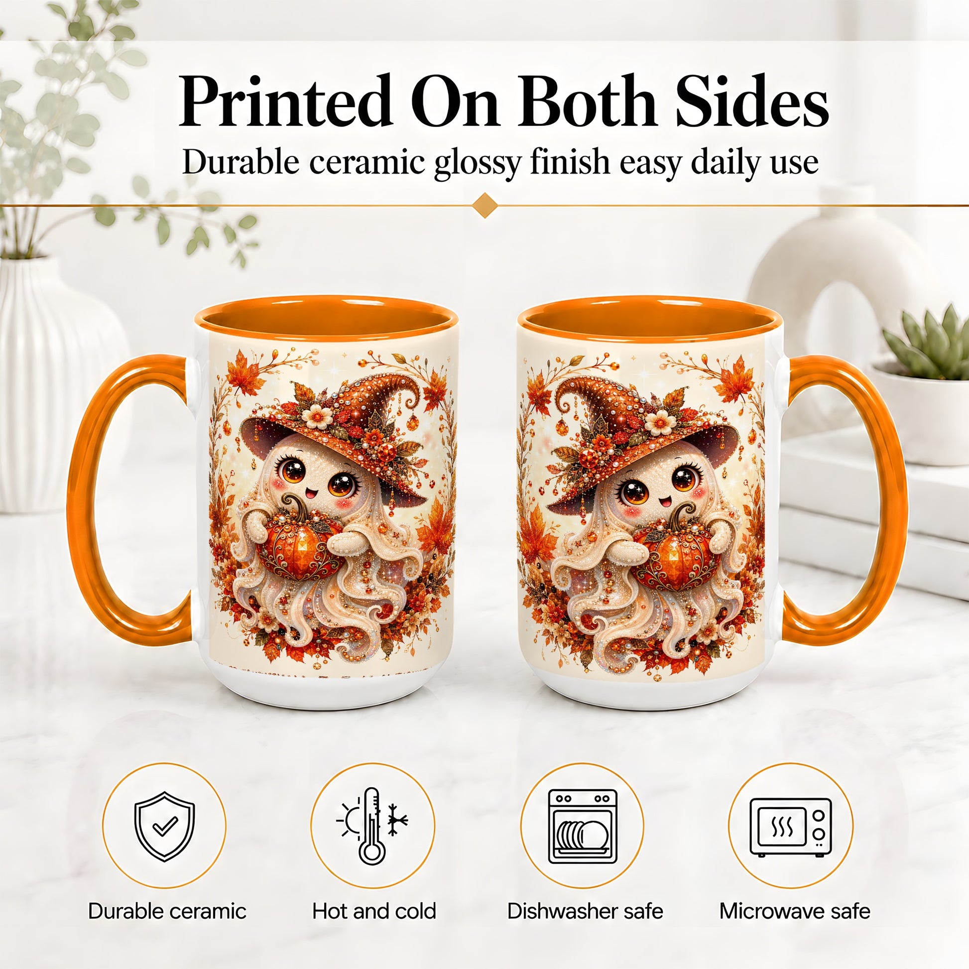 #pl[15oz|Orange] Witch Ghost Accent Mug, Ceramic Mug with Autumn Pumpkin Artwork